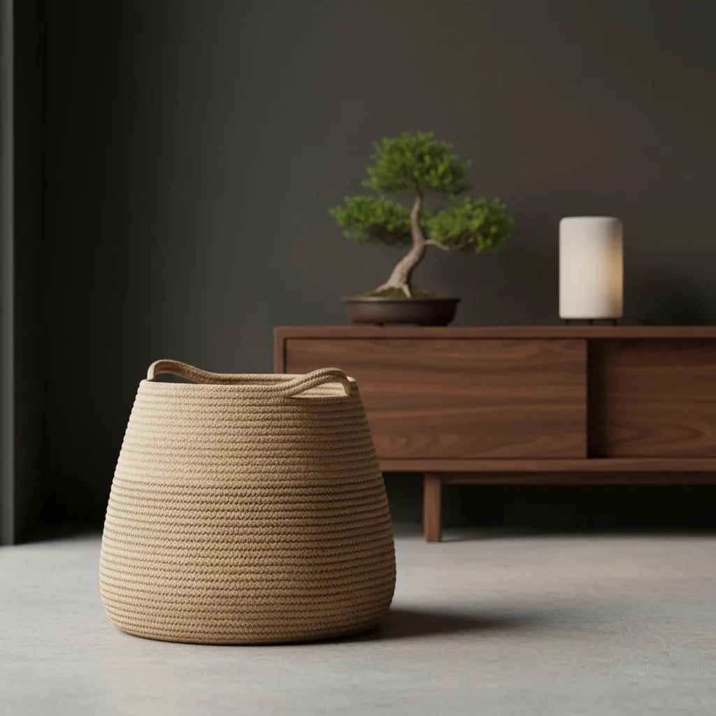 Woven Hemp Belly Basket | Boho Nordic Floor Storage, Farmhouse Plant Pot Holder, Housewarming Gift