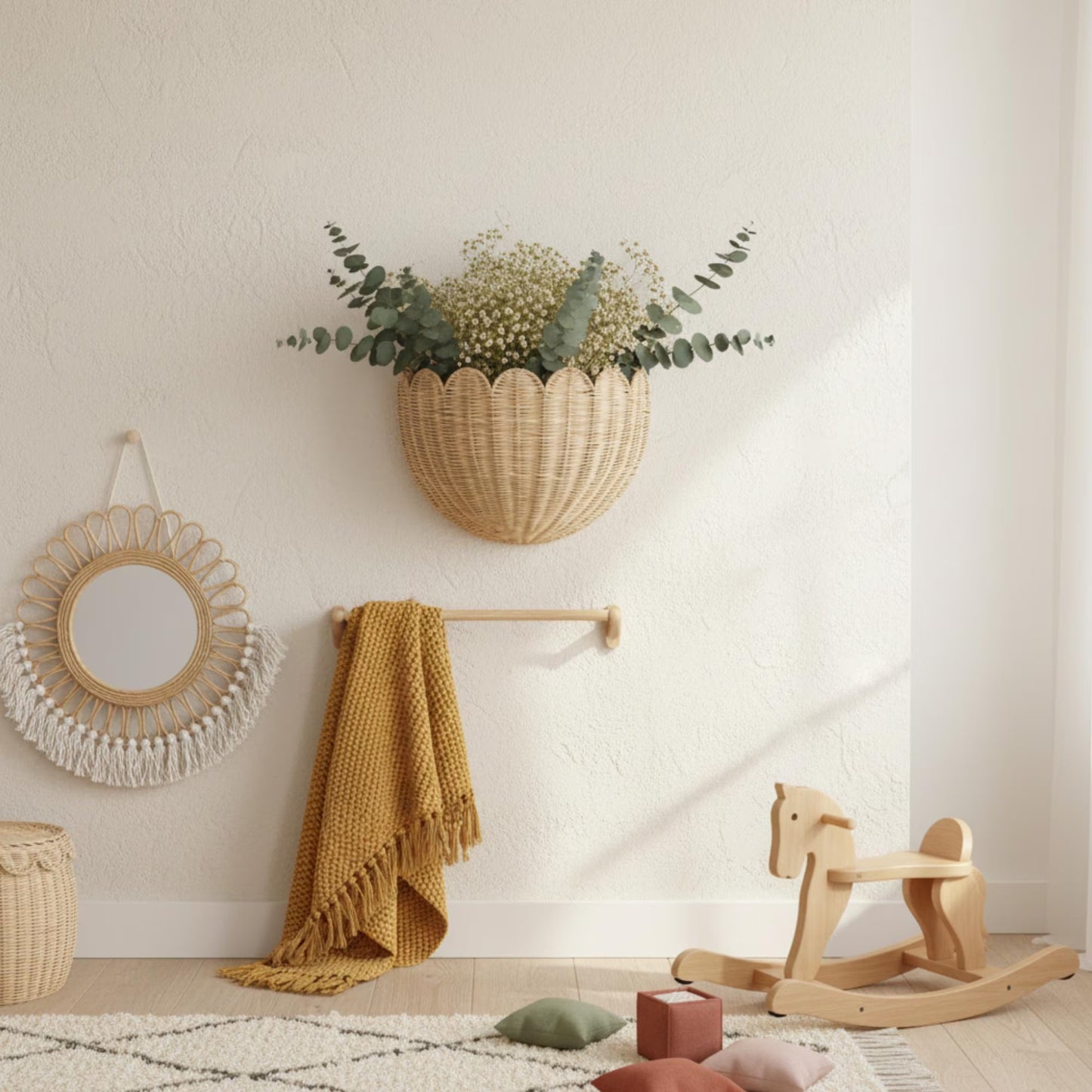 Hand-Woven Rattan Wall Basket, Boho Nursery Storage
