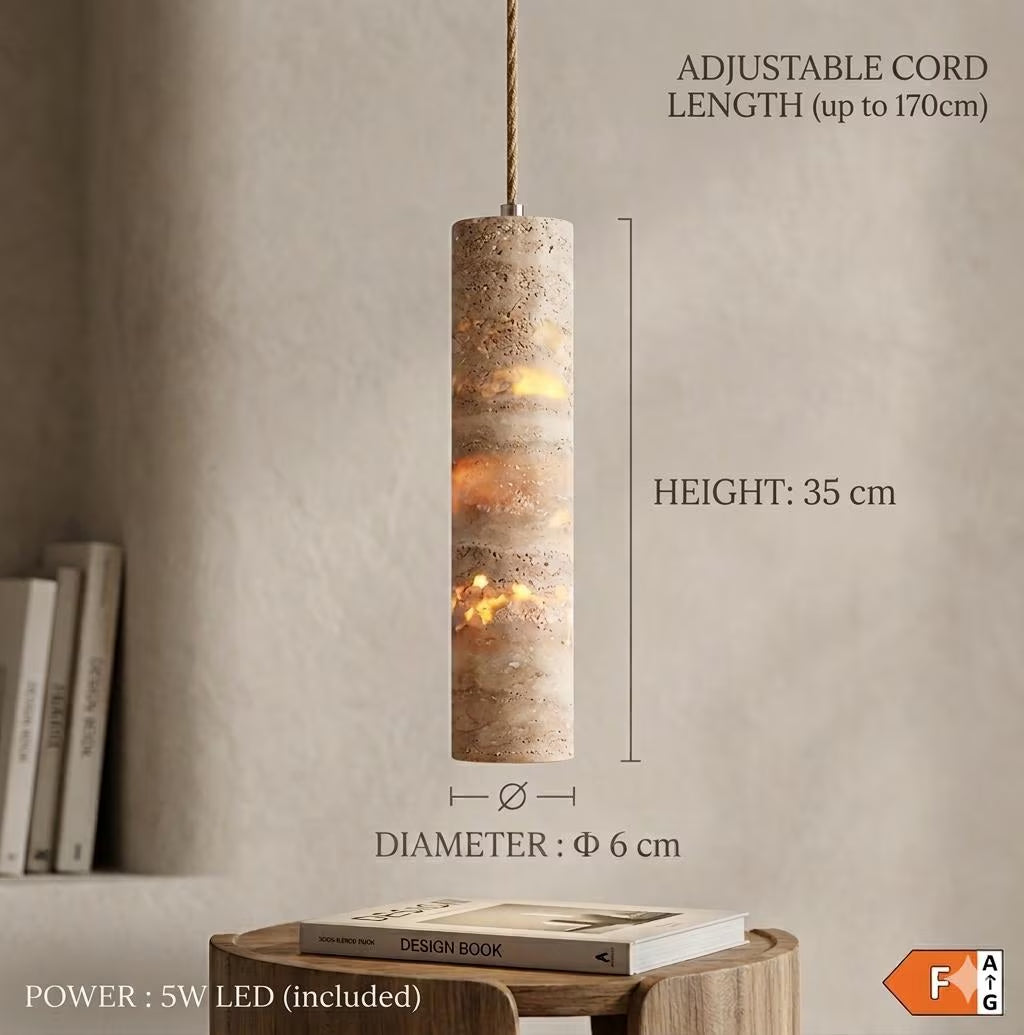 Travertine Pendant Light Cylinder β Wabi Sabi Japandi Stone Lamp, Natural Beige Hanging Light, Kitchen Island Bedside Minimalist Lighting