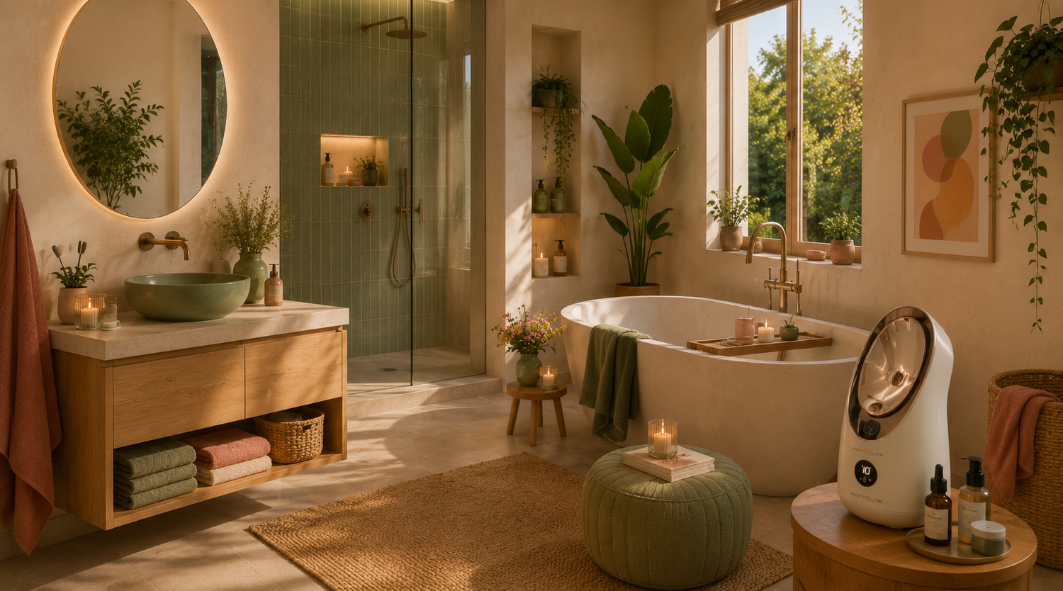 Spa-inspired modern bathroom with warm lighting, green tiles, wooden accents, beauty device and cozy boho decor details.