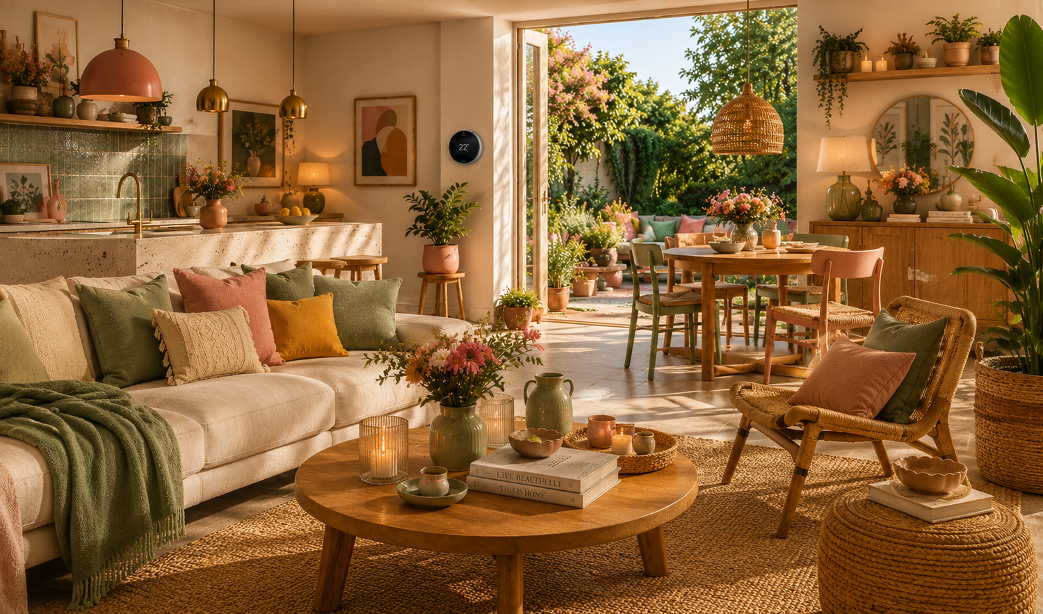 Sunlit boho-modern living and dining room with colorful cushions, woven textures, plants and warm Scandinavian home decor.