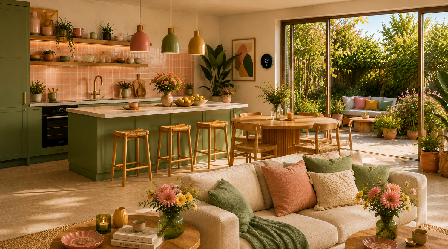 Modern Japandi kitchen with warm pendant lighting, ceramic decor, wooden furniture and soft earthy color accents.