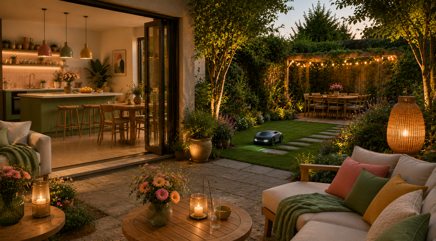 Cozy garden patio at sunset with glowing lanterns, outdoor lounge seating and warm indoor-outdoor lifestyle aesthetic.