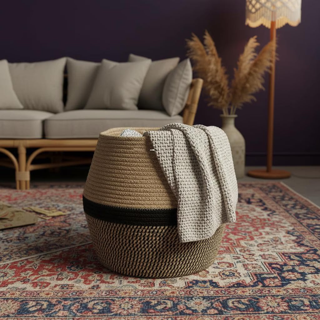 Woven Hemp Belly Basket | Boho Nordic Floor Storage, Farmhouse Plant Pot Holder, Housewarming Gift