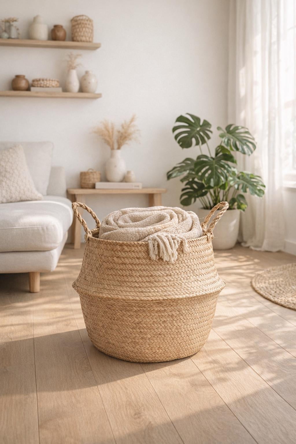 Seagrass Belly Basket, Woven Storage Organizer, Plant Pot Cover, Boho Laundry Hamper, Natural Decor