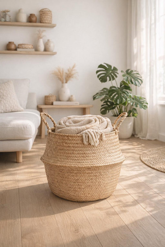 Seagrass Belly Basket, Woven Storage Organizer, Plant Pot Cover, Boho Laundry Hamper, Natural Decor