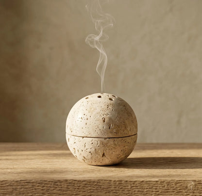Travertine Stone Sphere Incense Burner - Minimalist Japandi Decor,