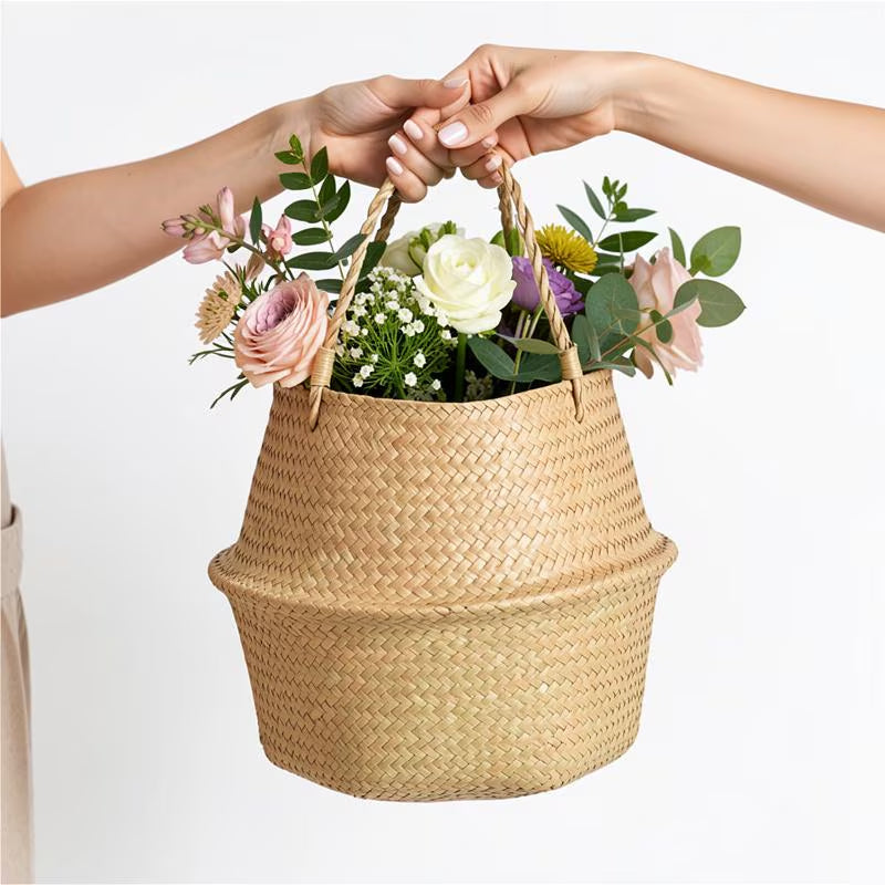 Seagrass Belly Basket, Woven Storage Organizer, Plant Pot Cover, Boho Laundry Hamper, Natural Decor