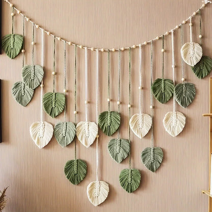 Modern Woven Wall Decor, Beautiful Room Decor, Green Leaves Hanging on the Walls, Bohemian Style, Feather, Ramadan Easter Gift