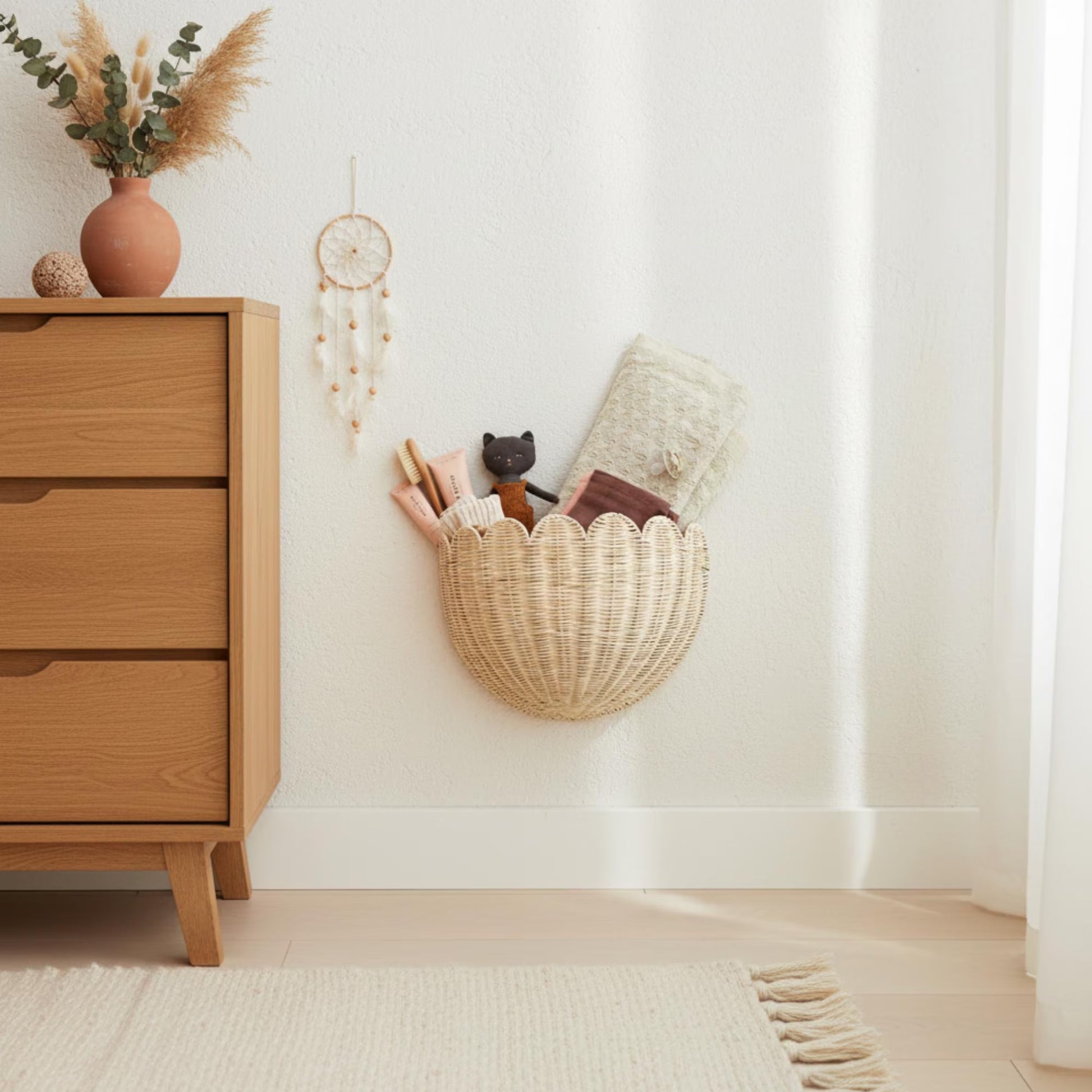 Hand-Woven Rattan Wall Basket, Boho Nursery Storage