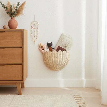 Hand-Woven Rattan Wall Basket, Boho Nursery Storage