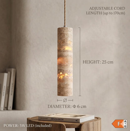 Travertine Pendant Light Cylinder – Wabi Sabi Japandi Stone Lamp, Natural Beige Hanging Light, Kitchen Island Bedside Minimalist Lighting