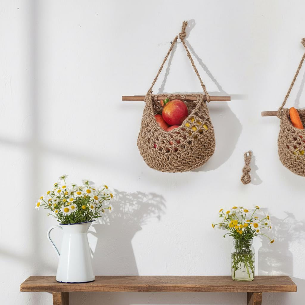 Macrame Hanging Fruit Basket | 3 Tier Boho Kitchen Organizer | Hemp Cotton Rope Wall Hanging Basket