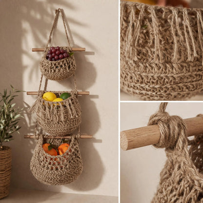 Macrame Hanging Fruit Basket | 3 Tier Boho Kitchen Organizer | Hemp Cotton Rope Wall Hanging Basket