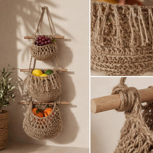 Macrame Hanging Fruit Basket | 3 Tier Boho Kitchen Organizer | Hemp Cotton Rope Wall Hanging Basket