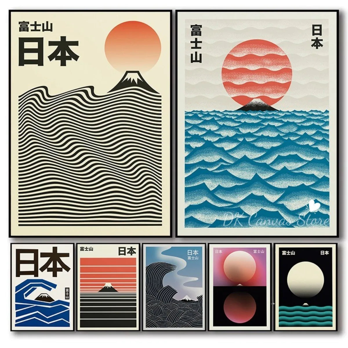 Japanese Mount Fuji Abstract Canvas Print Poster Japandi Retro Sun Mountain Waves Art Prints Living Room Wall Art Home Decor