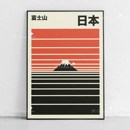 Japanese Mount Fuji Abstract Canvas Print Poster Japandi Retro Sun Mountain Waves Art Prints Living Room Wall Art Home Decor
