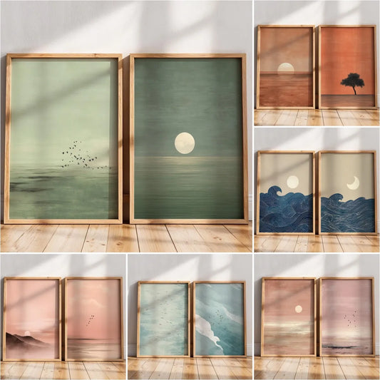 Japandi Wall Art Minimalist Pink Sunset Print, Scandinavian Zen Decor, Abstract Landscape Artwork, Earth Tones Boho Wall Decor