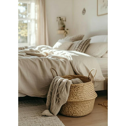 Seagrass Belly Basket, Woven Storage Organizer, Plant Pot Cover, Boho Laundry Hamper, Natural Decor