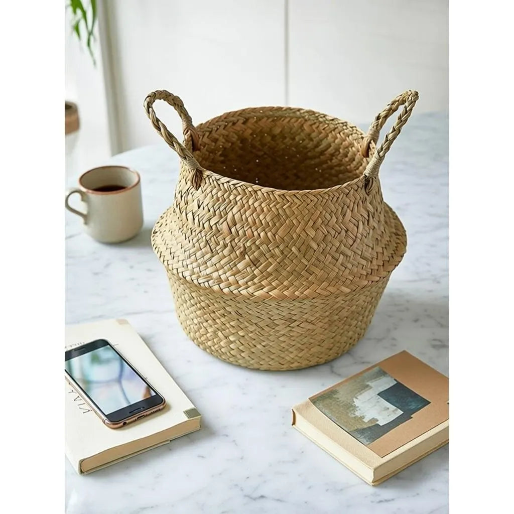Seagrass Belly Basket, Woven Storage Organizer, Plant Pot Cover, Boho Laundry Hamper, Natural Decor