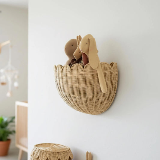 Hand-Woven Rattan Wall Basket, Boho Nursery Storage