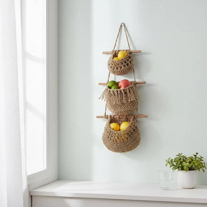 Macrame Hanging Fruit Basket | 3 Tier Boho Kitchen Organizer | Hemp Cotton Rope Wall Hanging Basket