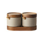Kitchen Seasoning Pot Ceramic Three Piece Suit Simple Salt Pot Acacia Wood Tray with Cover