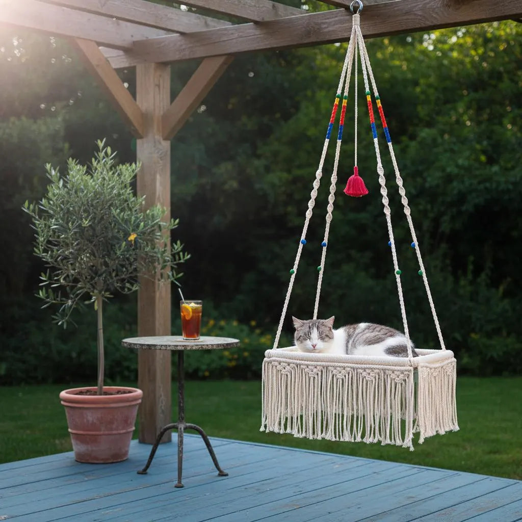 Macrame Hanging Cat Bed Boho Fringe Swing Hammock Woven Cotton Cat Mom Gift