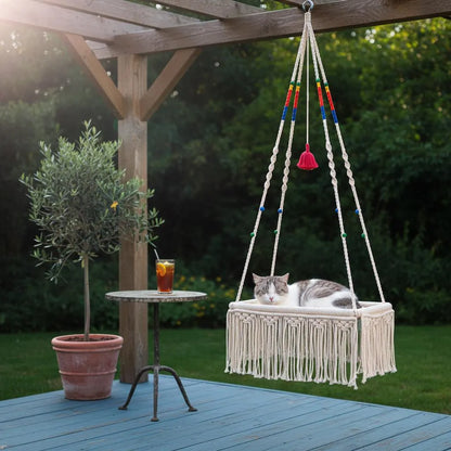 Macrame Hanging Cat Bed Boho Fringe Swing Hammock Woven Cotton Cat Mom Gift