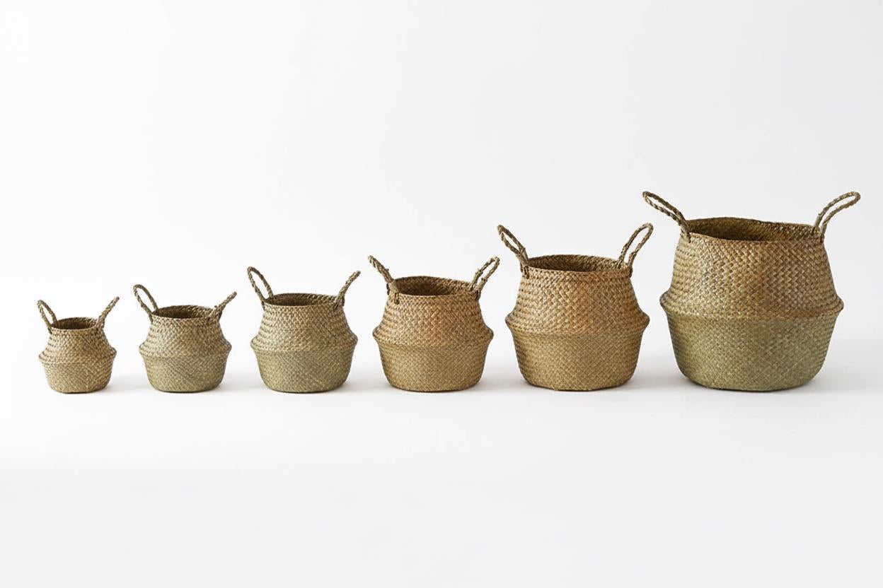 Seagrass Belly Basket, Woven Storage Organizer, Plant Pot Cover, Boho Laundry Hamper, Natural Decor