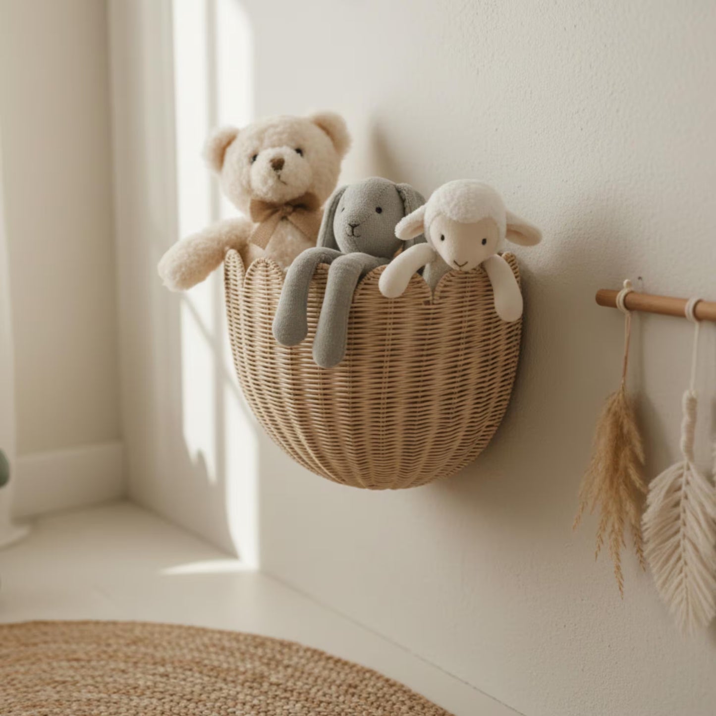Hand-Woven Rattan Wall Basket, Boho Nursery Storage