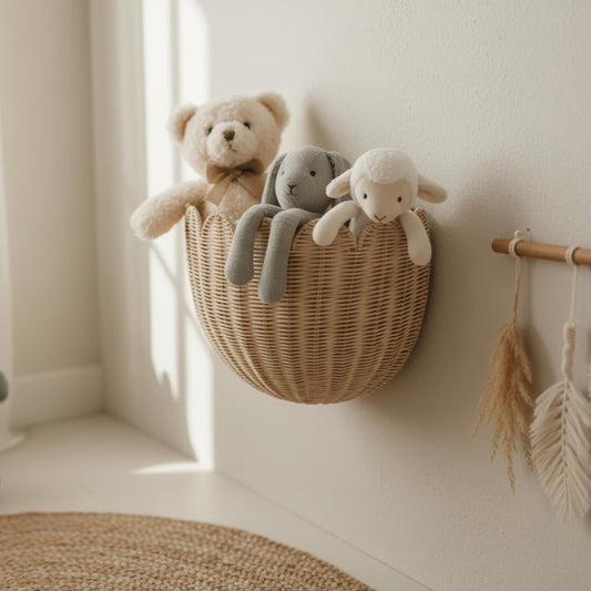 Hand-Woven Rattan Wall Basket, Boho Nursery Storage