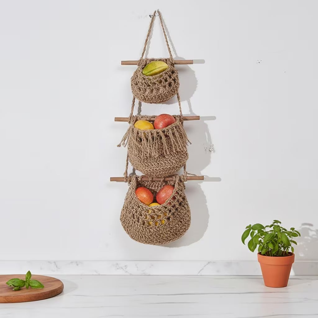 Macrame Hanging Fruit Basket | 3 Tier Boho Kitchen Organizer | Hemp Cotton Rope Wall Hanging Basket
