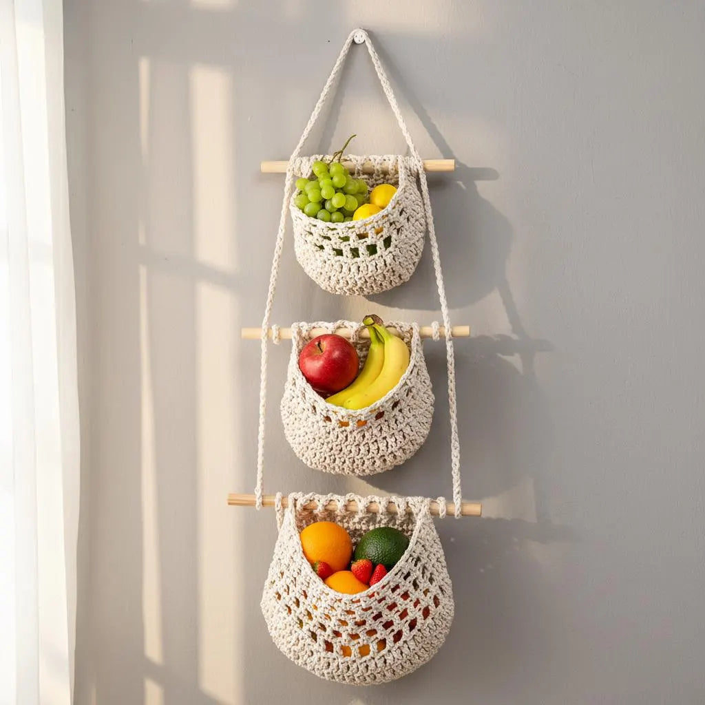 Macrame Hanging Fruit Basket | 3 Tier Boho Kitchen Organizer | Hemp Cotton Rope Wall Hanging Basket