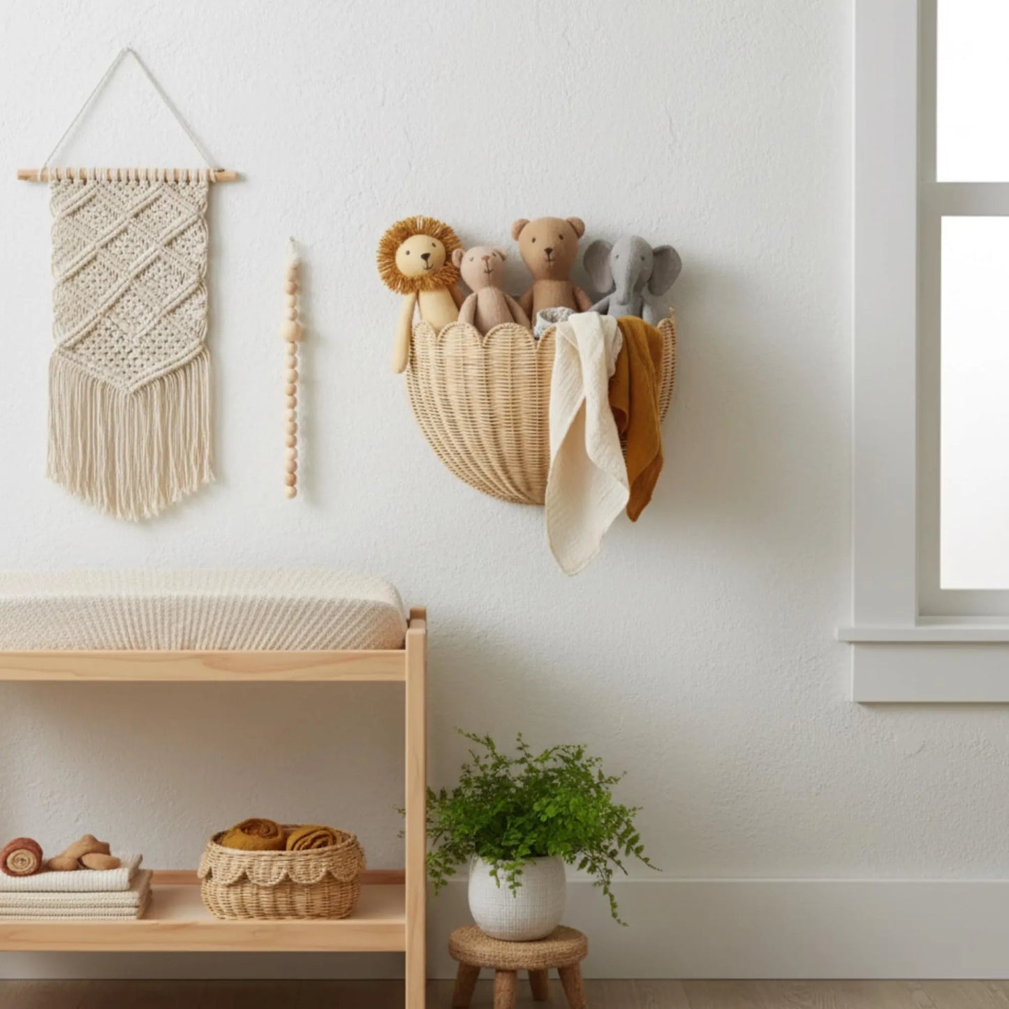 Hand-Woven Rattan Wall Basket, Boho Nursery Storage