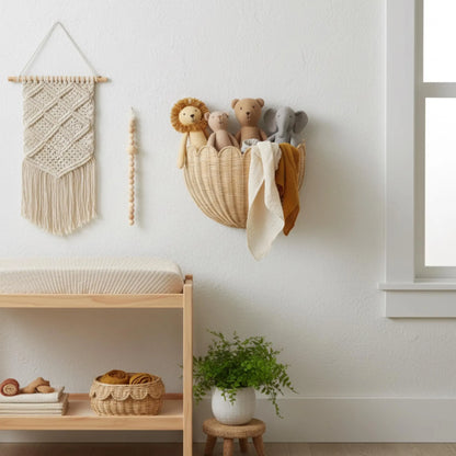 Hand-Woven Rattan Wall Basket, Boho Nursery Storage