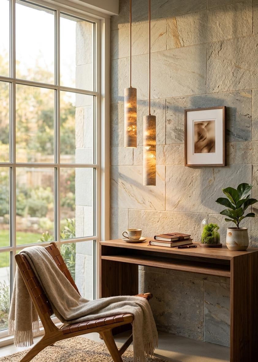 Travertine Pendant Light Cylinder – Wabi Sabi Japandi Stone Lamp, Natural Beige Hanging Light, Kitchen Island Bedside Minimalist Lighting