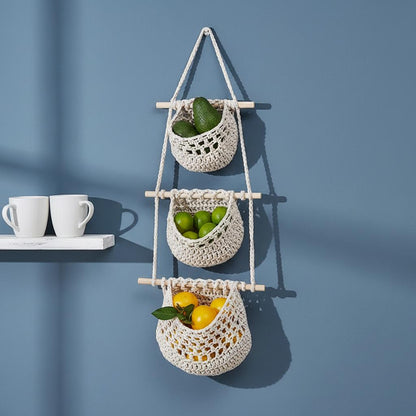 Macrame Hanging Fruit Basket | 3 Tier Boho Kitchen Organizer | Hemp Cotton Rope Wall Hanging Basket