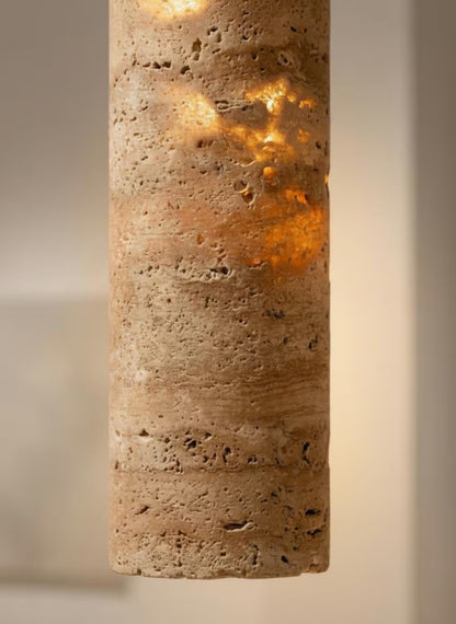 Travertine Pendant Light Cylinder – Wabi Sabi Japandi Stone Lamp, Natural Beige Hanging Light, Kitchen Island Bedside Minimalist Lighting