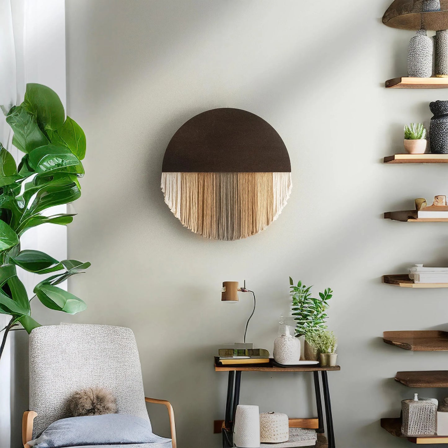 Macrame round Art, Japandi Wall Art, Scandinavian Decor, Circle Wall Decor, Minimalist Home, Mid Century Modern, Bedroom Wall Decor V07