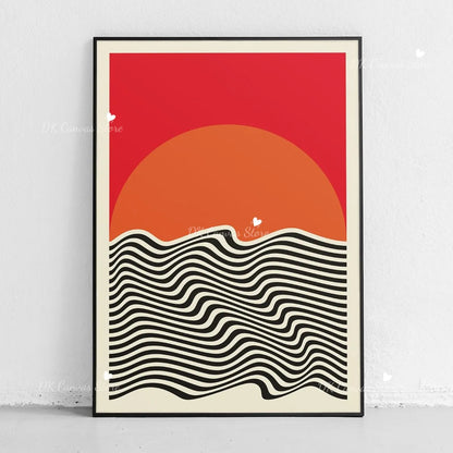 Japanese Mount Fuji Abstract Canvas Print Poster Japandi Retro Sun Mountain Waves Art Prints Living Room Wall Art Home Decor