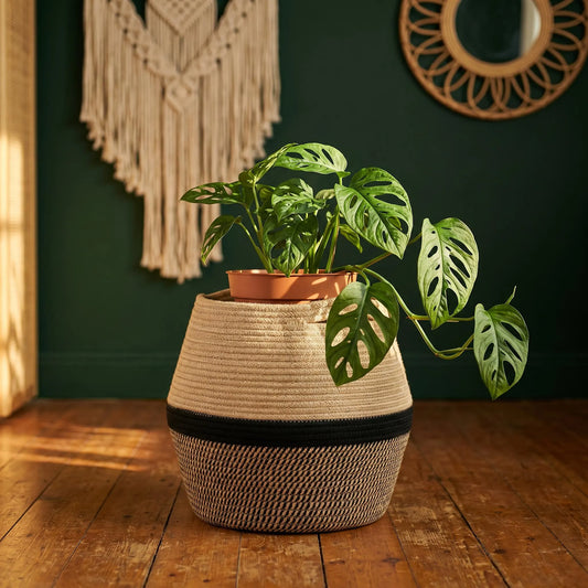 Woven Hemp Belly Basket | Boho Nordic Floor Storage, Farmhouse Plant Pot Holder, Housewarming Gift