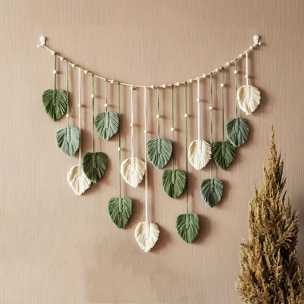 Modern Woven Wall Decor, Beautiful Room Decor, Green Leaves Hanging on the Walls, Bohemian Style, Feather, Ramadan Easter Gift