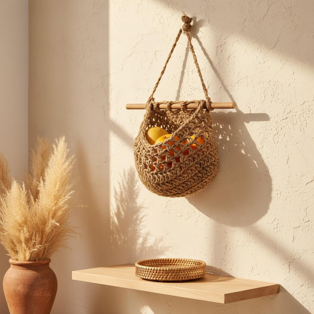 Macrame Hanging Fruit Basket | 3 Tier Boho Kitchen Organizer | Hemp Cotton Rope Wall Hanging Basket