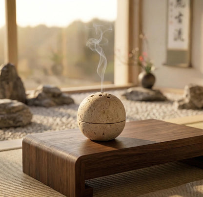 Travertine Stone Sphere Incense Burner - Minimalist Japandi Decor,