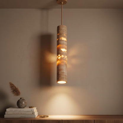 Travertine Pendant Light Cylinder – Wabi Sabi Japandi Stone Lamp, Natural Beige Hanging Light, Kitchen Island Bedside Minimalist Lighting
