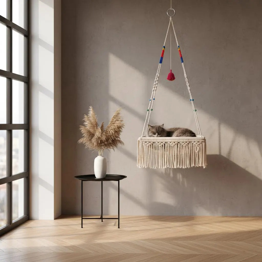 Macrame Hanging Cat Bed Boho Fringe Swing Hammock Woven Cotton Cat Mom Gift