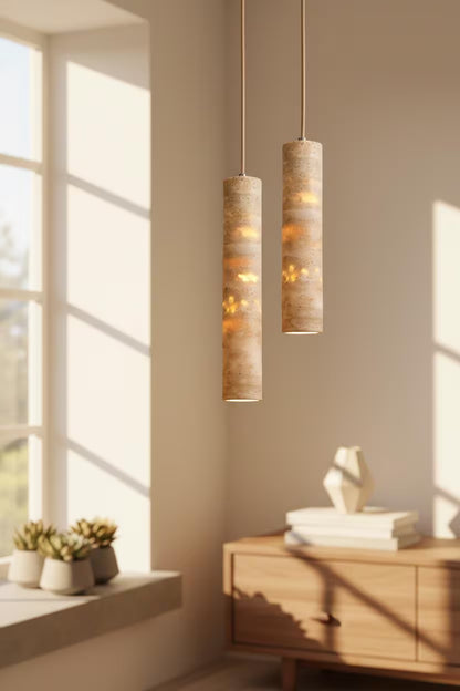 Travertine Pendant Light Cylinder – Wabi Sabi Japandi Stone Lamp, Natural Beige Hanging Light, Kitchen Island Bedside Minimalist Lighting