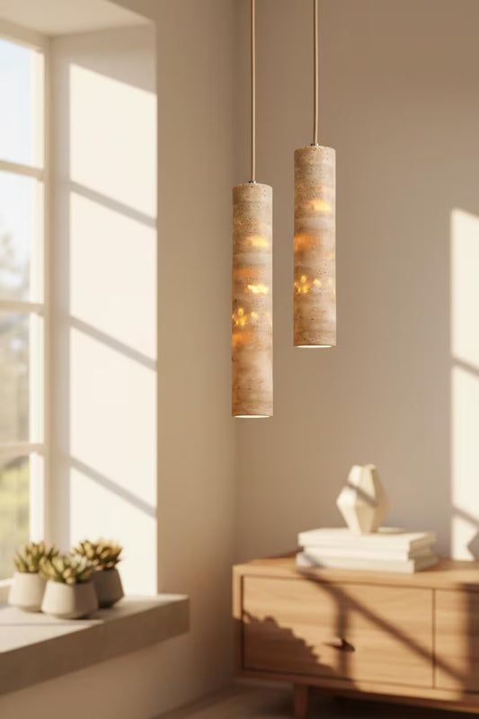 Travertine Pendant Light Cylinder – Wabi Sabi Japandi Stone Lamp, Natural Beige Hanging Light, Kitchen Island Bedside Minimalist Lighting