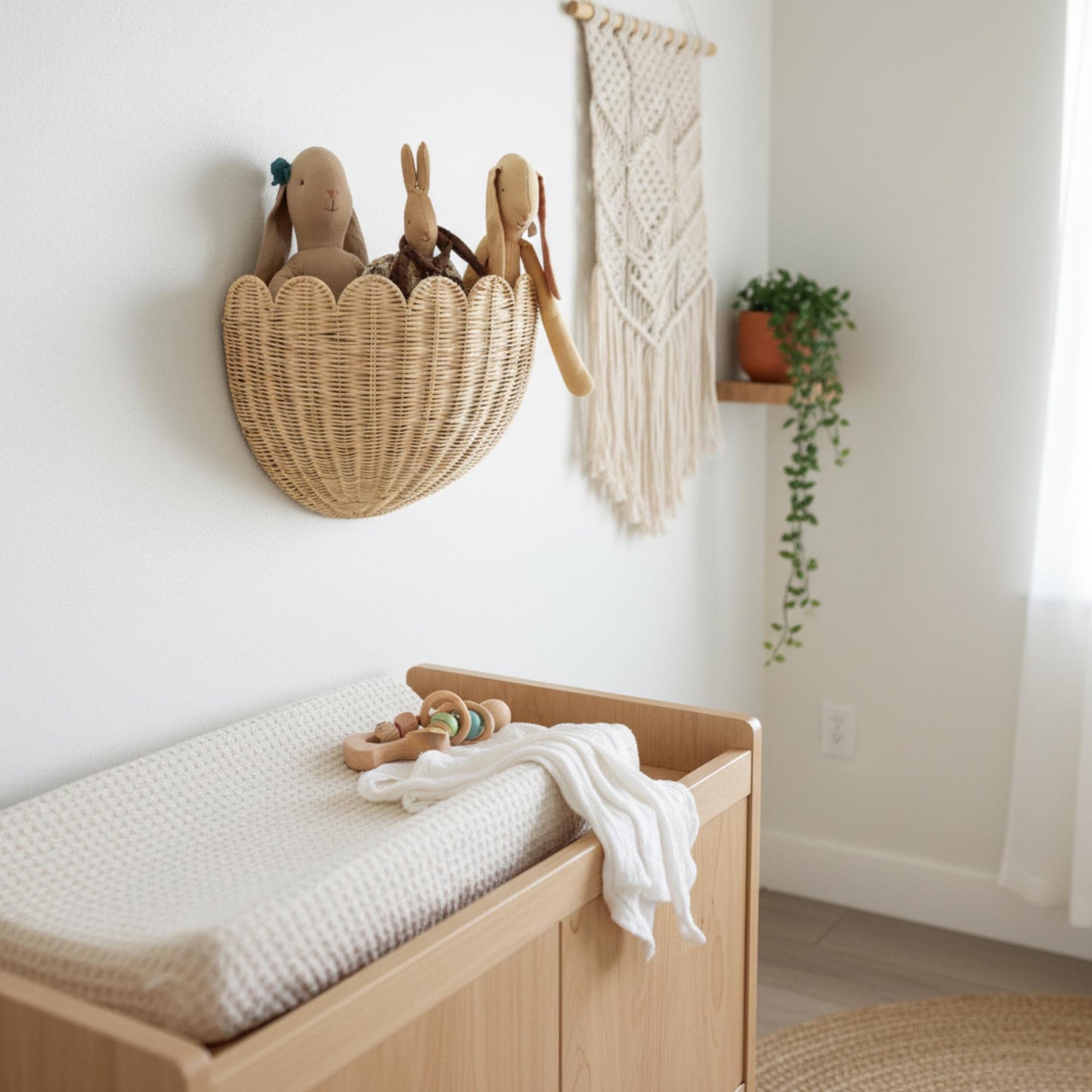 Hand-Woven Rattan Wall Basket, Boho Nursery Storage